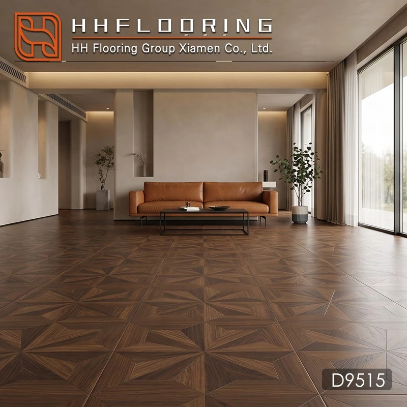 Modern living room with dark walnut geometric parquet flooring