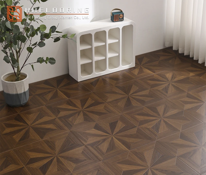 Parquet dark brown 12mm click lock laminate flooring installed in a commercial office and retail interior Parquet dark brown 12mm click lock laminate flooring installed in a commercial office and retail interior